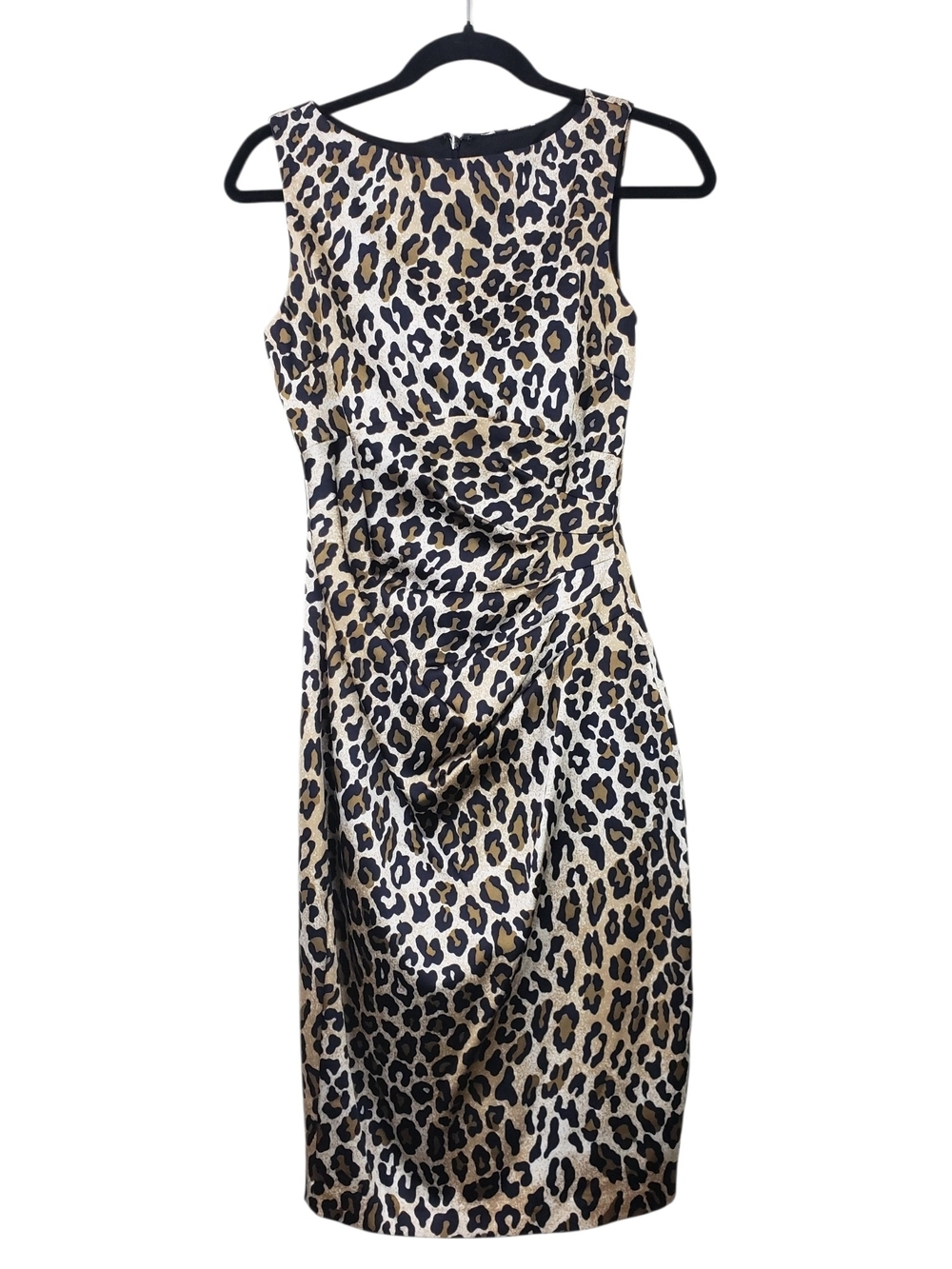 Cache Leopard-Print Satin Ruched Vintage Sheath Dress Size 6